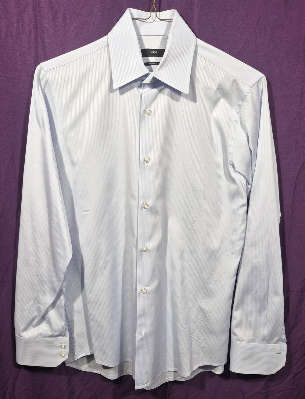 Hugo Boss Mens Light Blue Textured Regular Fit Dress Shirt Size 15 32 33 Cotton